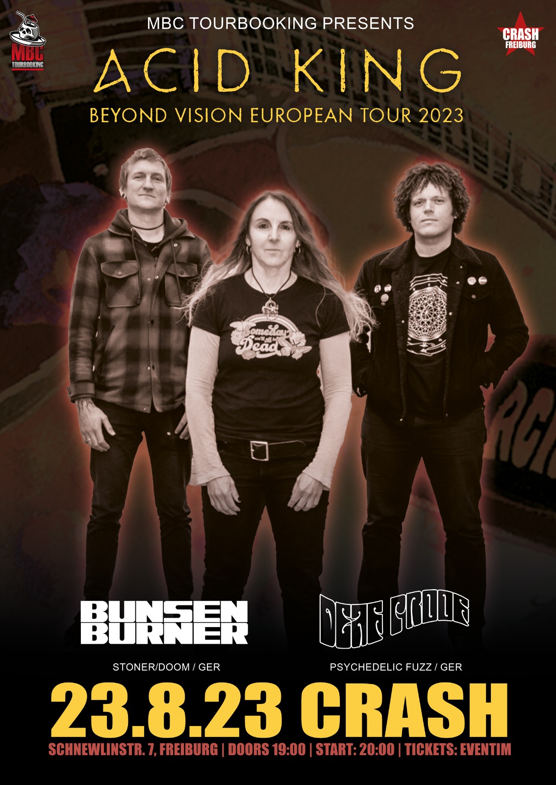 Tourposter Acid King, Bunsenburner, Deaf Proof live at Crash Freiburg 23.08.2023